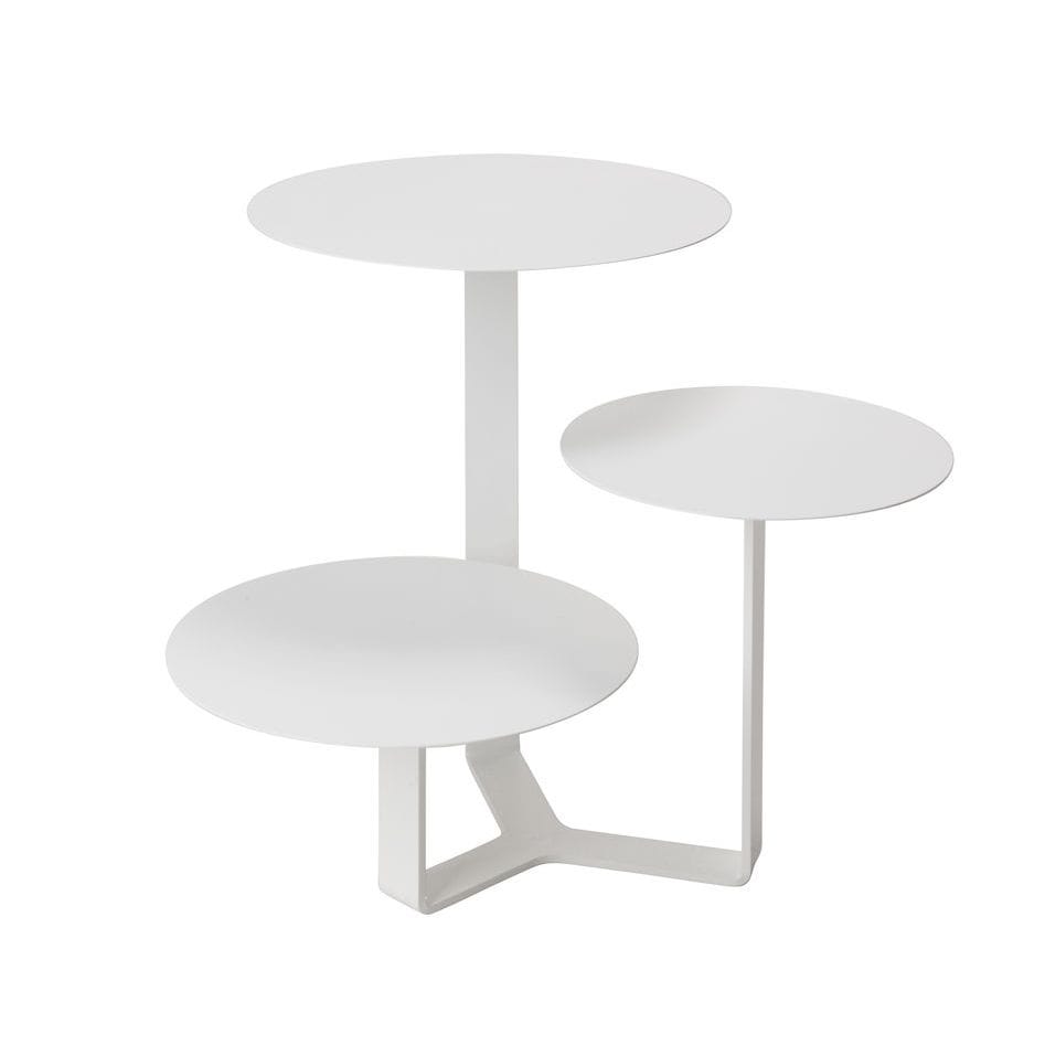 Tavolino di metallo con tre ripiani circolari ad altezze differenti colore bianco