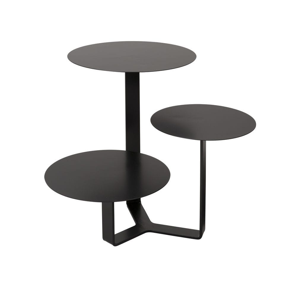 Tavolino di metallo con tre ripiani circolari ad altezze differenti colore nero