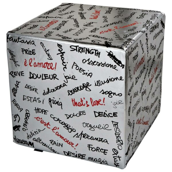 Pouf rigido a cubo in ecopelle argento con scritte parole sull'amore in nero e rosso di C.B. Farinar