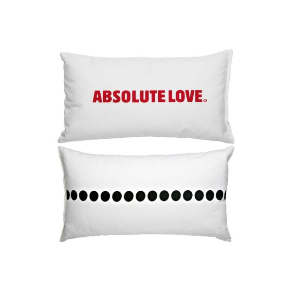 Cuscino in cotone bianco rettangolare con stampa Absolute Love in rosso e grafica nera sul retro