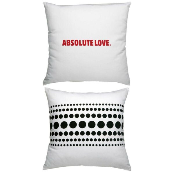 Cuscino in cotone bianco quadrato con stampa Absolute Love in rosso e grafica nera sul retro