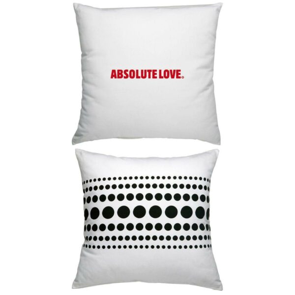 Cuscino in cotone bianco quadrato con stampa Absolute Love in rosso e grafica nera sul retro