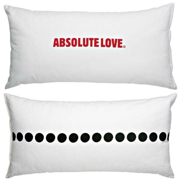 Cuscino in cotone bianco rettangolare con stampa Absolute Love in rosso e grafica nera sul retro