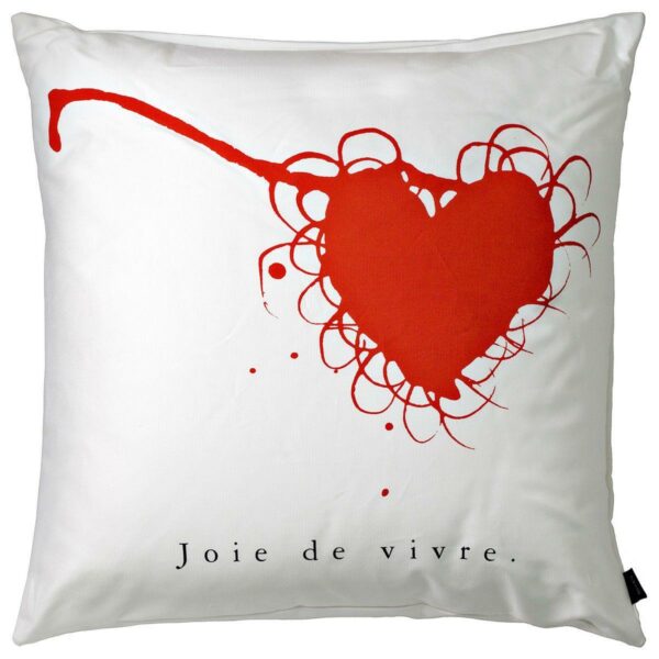 Cuscino in cotone bianco quadrato con grafica a forma di cuore rossa e testo nero