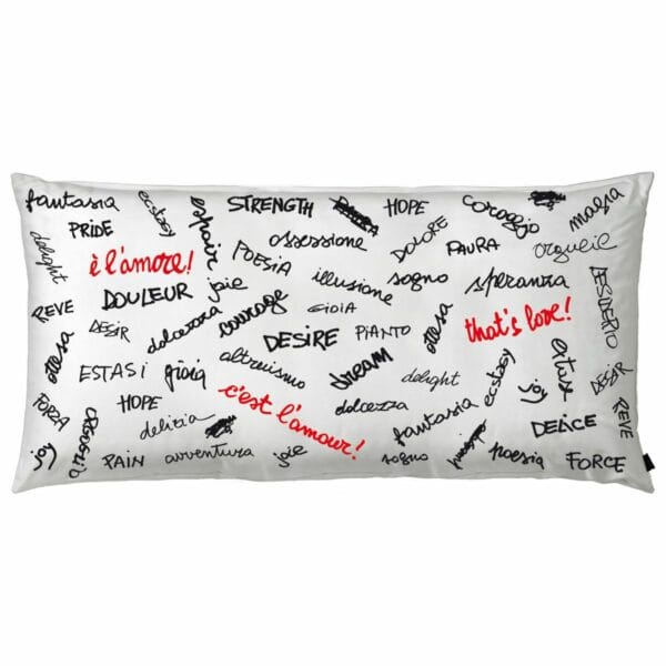 Cuscino in cotone bianco rettangolare con stampa parole in nero e rosso