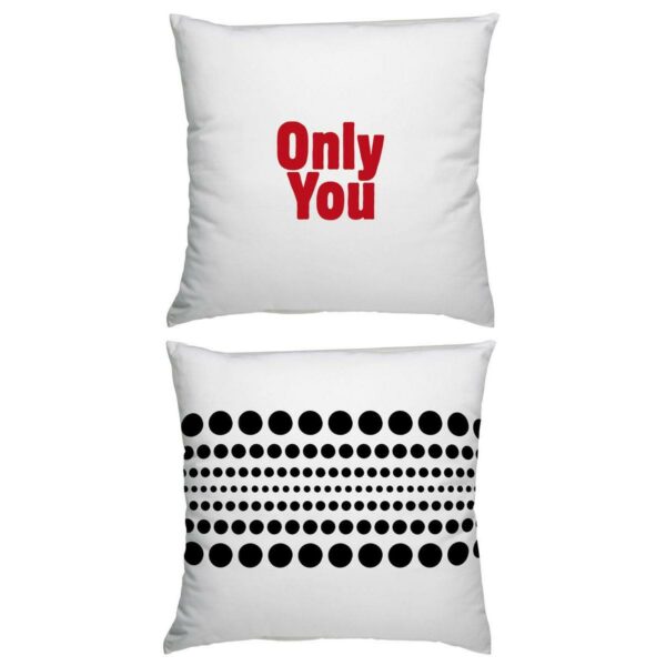 Cuscino in cotone bianco quadrato con stampa Only You in rosso e grafica nera sul retro
