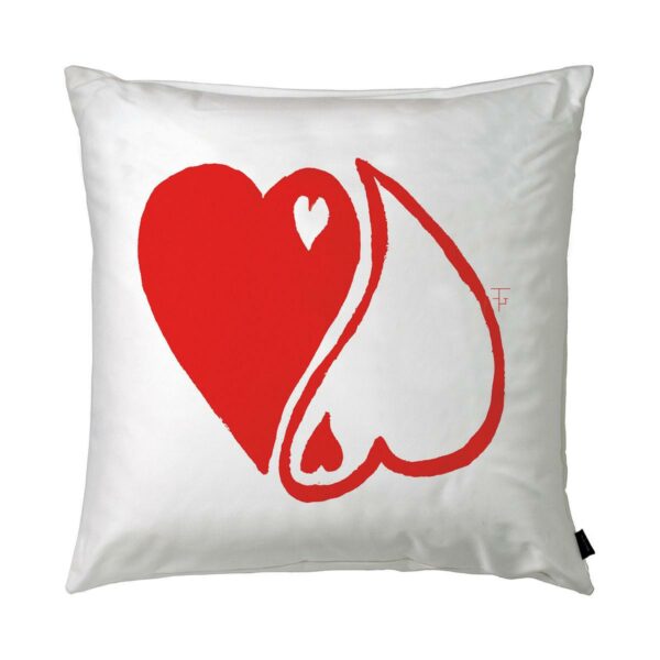 Cuscino in cotone bianco quadrato con grafica tao a forma di cuore rosso