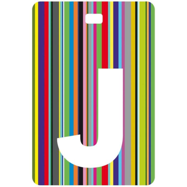 Etichetta bagaglio con lettera alfabeto bianca su sfondo a righe colorate con iniziale J