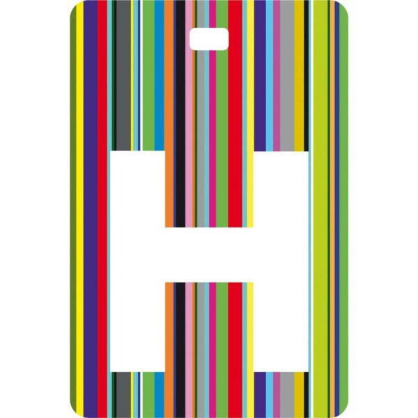 Etichetta bagaglio con lettera alfabeto bianca su sfondo a righe colorate con iniziale H
