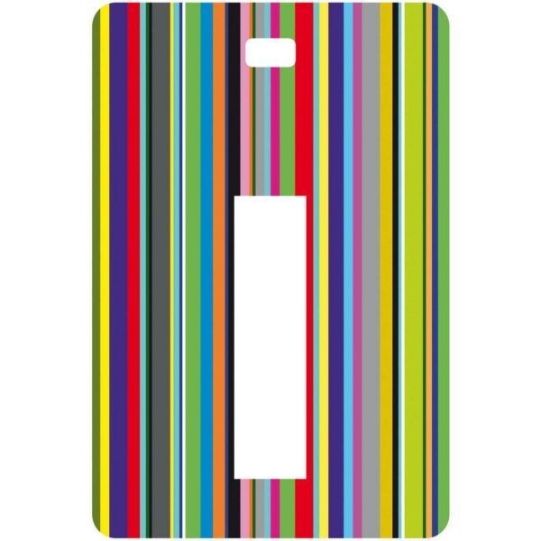 Etichetta bagaglio con lettera alfabeto bianca su sfondo a righe colorate con iniziale I