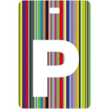 Etichetta bagaglio con lettera alfabeto bianca su sfondo a righe colorate con iniziale P