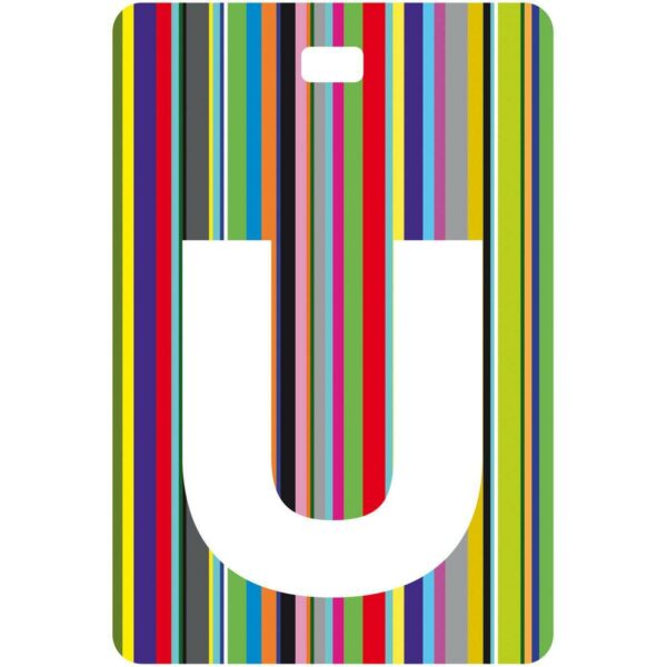 Etichetta bagaglio con lettera alfabeto bianca su sfondo a righe colorate con iniziale U