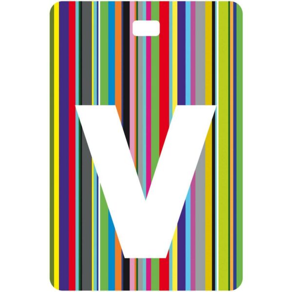 Etichetta bagaglio con lettera alfabeto bianca su sfondo a righe colorate con iniziale V
