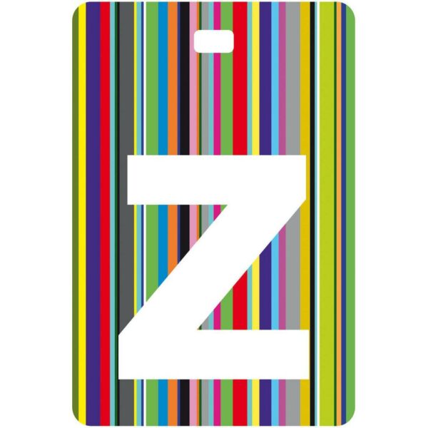 Etichetta bagaglio con lettera alfabeto bianca su sfondo a righe colorate con iniziale Z