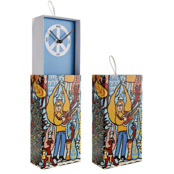 Orologio da parete o da appoggio racchiuso in scatola rettangolare con artwork colorato con grafica interna con simbolo di pace