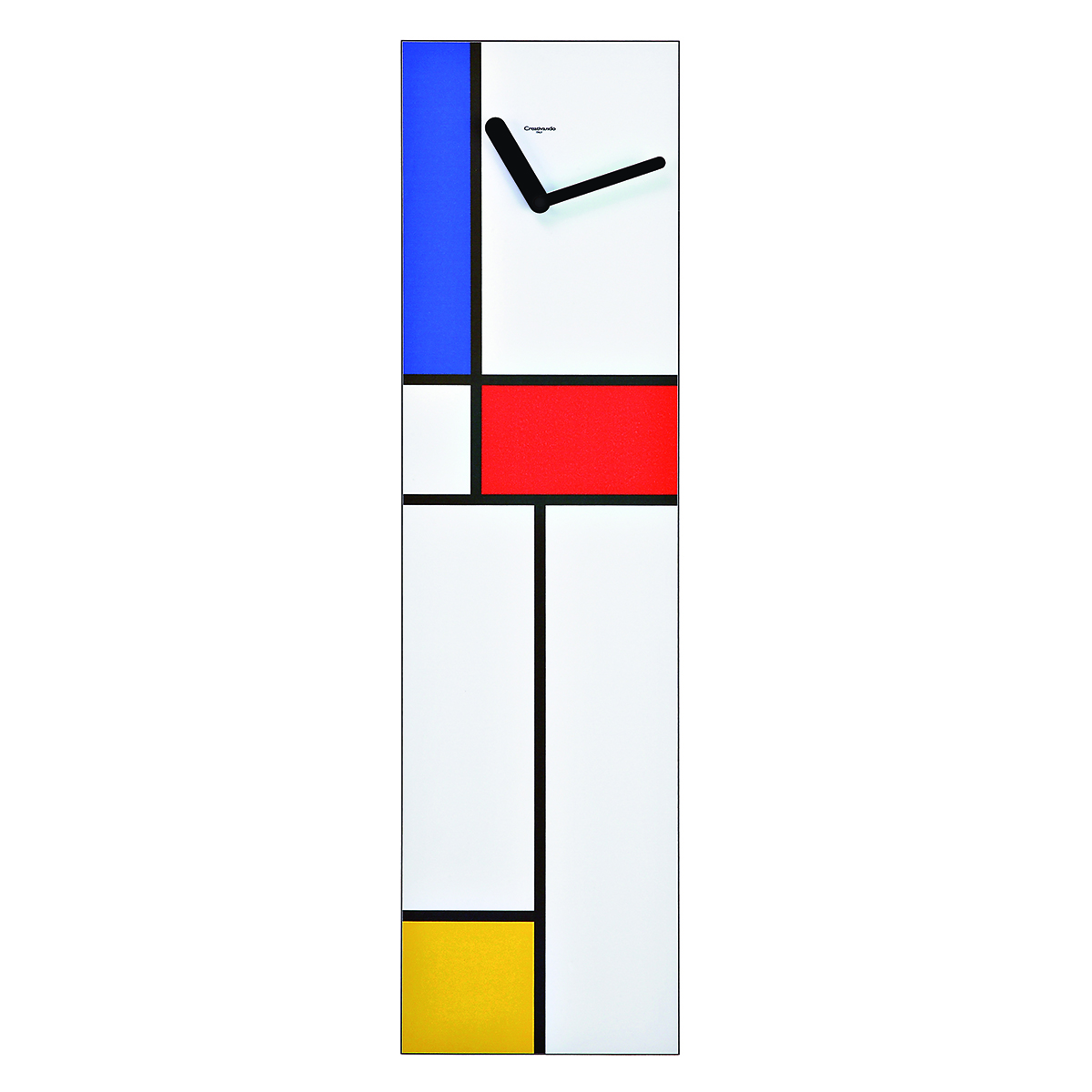 orologio da parete, verticale, fondo bianco, decorato secondo lo stile e i colori Mondrian o Bauhaus.