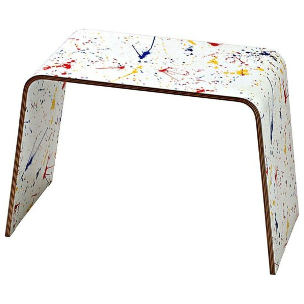 Tavolino basso monoscocca di faggio rivestito con artwork colorato ispirato a Pollock