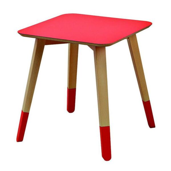 Tavolino basso in faggio con ripiano quadrato di colore rosso