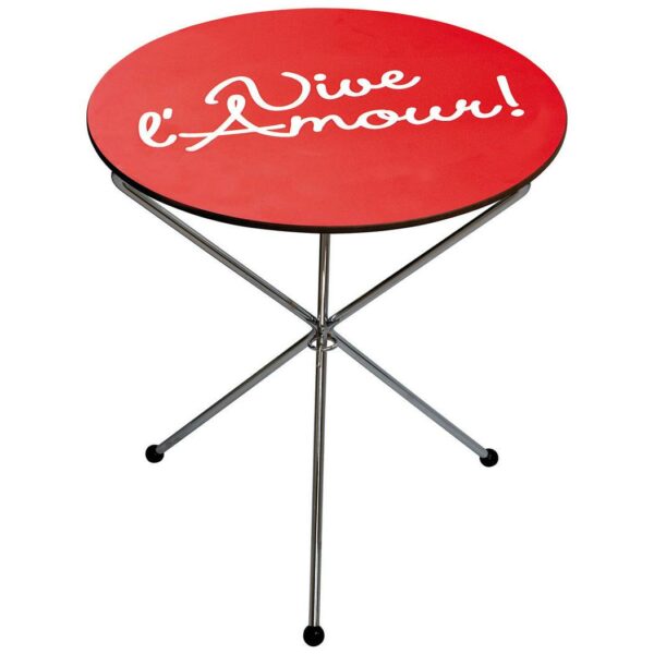 Tavolino basso colore rosso circolare con testo Vive l'Amour