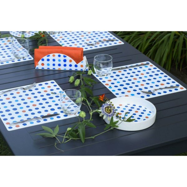 Tovaglietta in PET bianca con texture a pois azzurri, arancioni e blu
