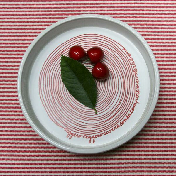 ciotola in ceramica bianca con fondo disco in pet stampato con grafica a spirale rossa