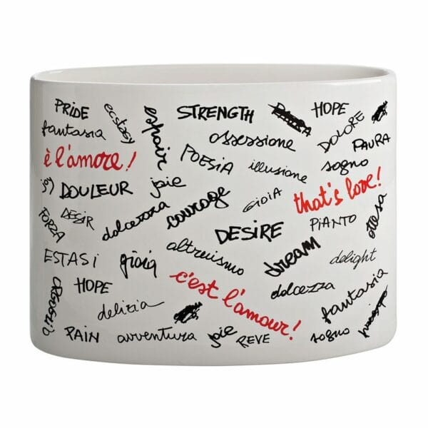Vaso ovale in ceramica smaltata bianco con scritte parole sull'amore in nero e rosso
