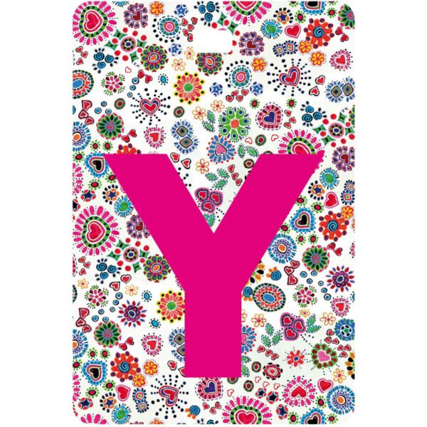 Etichetta bagaglio con lettera alfabeto bianca su sfondo fantasia cuori e fiori colorati con iniziale Y