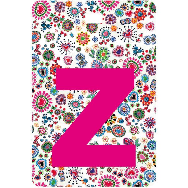 Etichetta bagaglio con lettera alfabeto bianca su sfondo fantasia cuori e fiori colorati con iniziale Z