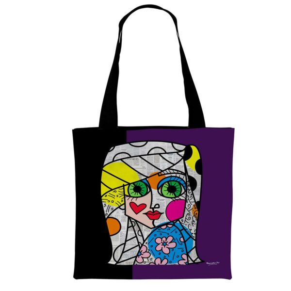 borsa di tipo tote bag in morbida ecopelle nera con grafica di donna stilizzata di Romero Britto