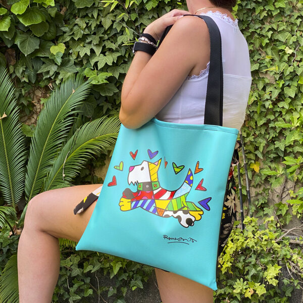 borsa in ecopelle verde tiffany modello Happy dog firmato Romero Britto