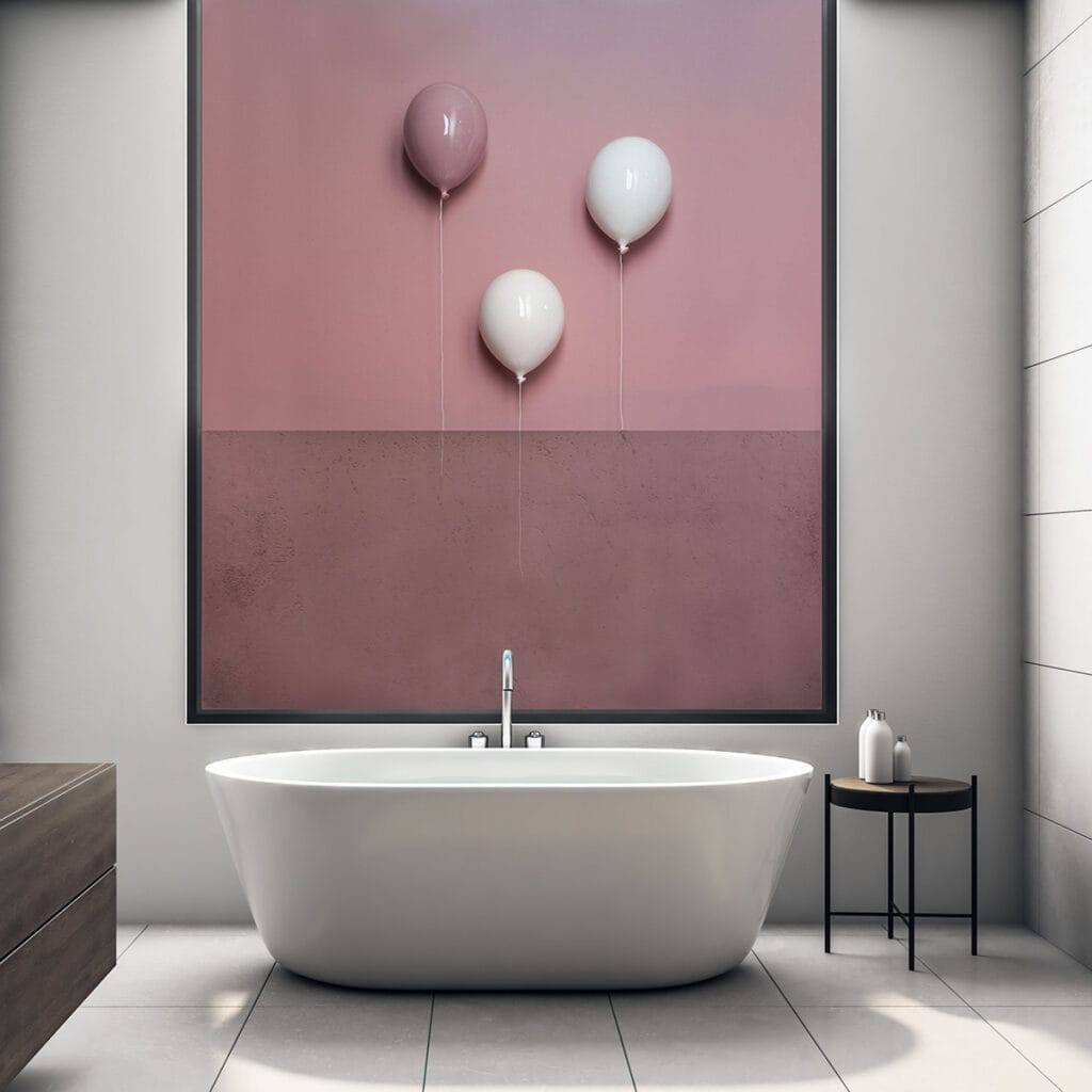 3 palloncini decorativi in ceramica sono appesi sulla parete sopra una vasca da bagno