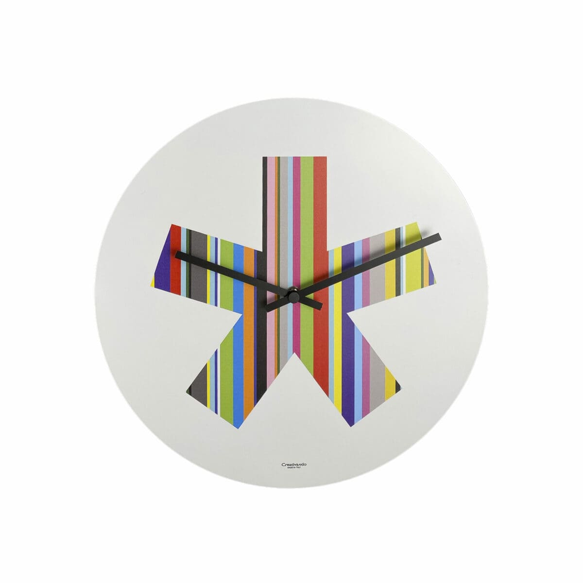 un asterisco multirighe colorate è posto al centro di un orologio da parete rotondo con fondo bianco