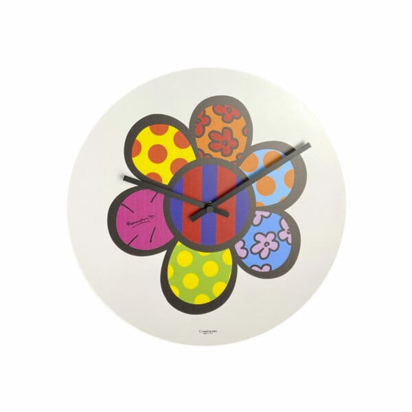 orologio da parete bianco, rotondo, con al centro stampato un fiore pop
