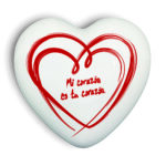 cuore 12x12 cm, tridimensionale, bianco, con artwork rosso di due cuori che si intrecciano e la scritta Mi Corazon es tu corazon