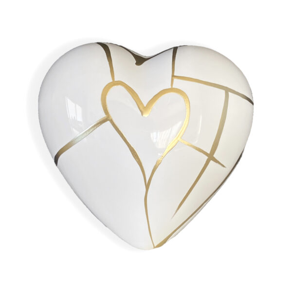 cuore 12x12x6 cm ceramica bianco con venature dorate stile kintsugi art