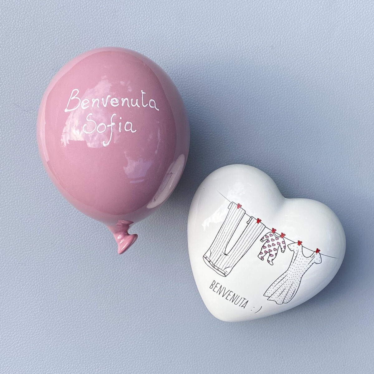 cuore heart Gallery Benvenuta accanto al palloncino in ceramica Mini Balloons rosa personalizzato con il nome Sofia