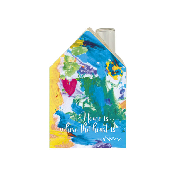 vaso a forma casa stilizzata con un lato decorato