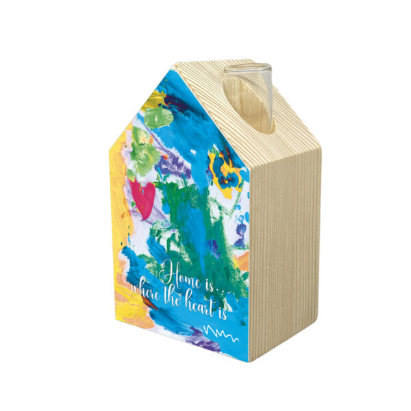 vaso in legno e vetro a forma di casetta stilizzata con un lato decorato