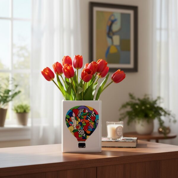 vaso bianco in ceramica decorato con un opera pop raffigurante una mongolfiera